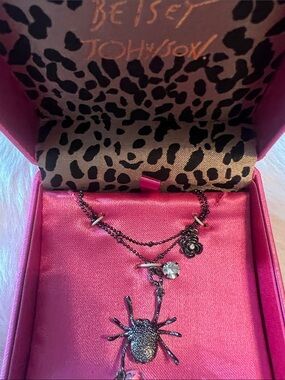 Betsey Johnson Black Spider & Rose Layered Necklace with Pink Crystal